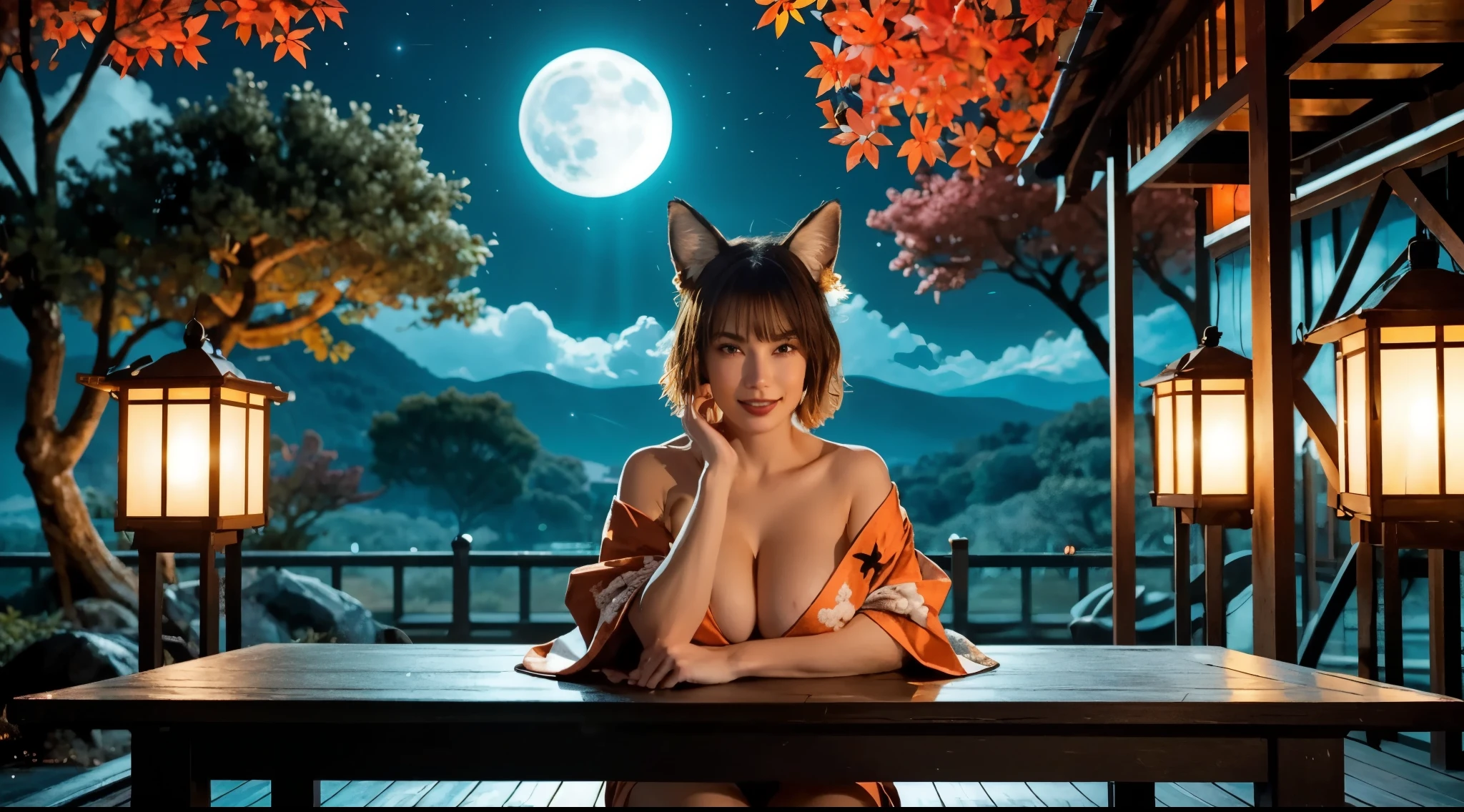 foxgirl wearing naked kimono under the moonlight, BREAK, (orange and black color theme), girl, fox ears, naked kimono, (gigantic breasts:1.2), handrest on table, short hair, bangs, looking at viewer, arching window frame, night, full moon, red leaves tree, ginko leaves, dramatic, melodramatic, soft diffused lighting, (high bloom:1.4), glowing light, soft highlights, (overexposed edges:1.4), gentle light flares, (dreamy illumination:1.4), hazy glow, celestial night scenery, heavenly landscape, sky in shades of black and orange, voluminous clouds scattered, golden rays of light erupt from cloud, illuminating scene, abundant rain of gold reflecting light particles, magical, surreal,