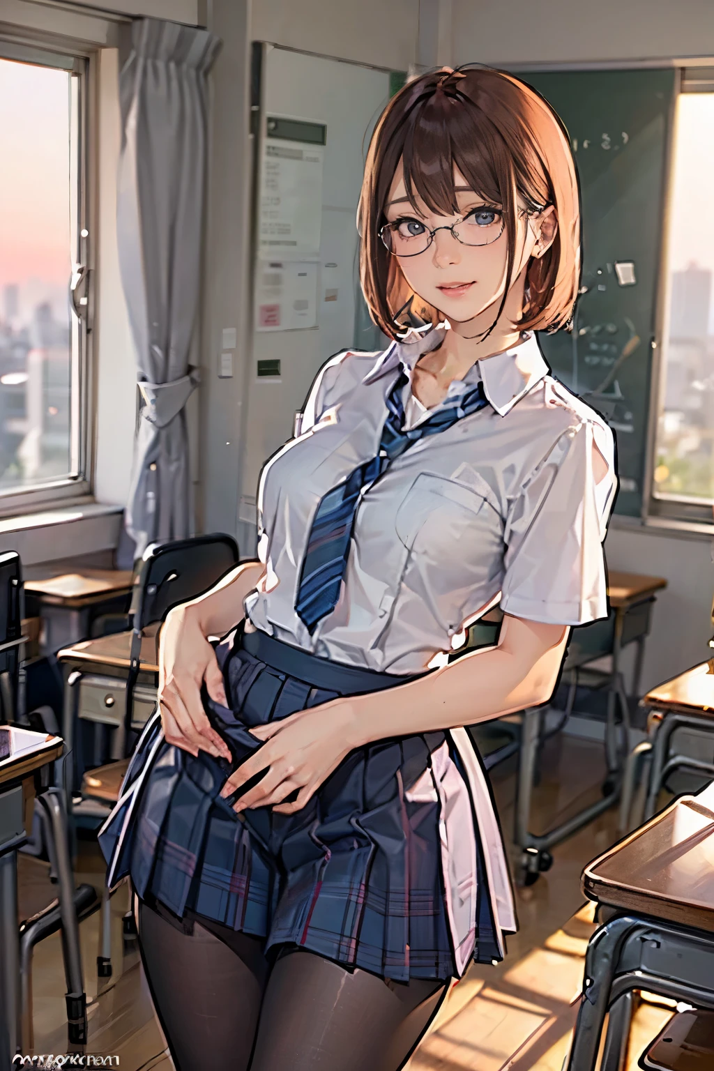 (masterpiece:1.3, highest quality), (realistic, photorealistic:1.4), beautiful illustrations, perfect lighting, colorful, written boundary depth,
looking at the viewer, ((cowboy shot)), Front view:0.6,
1 girl, alone, Japanese, smile of joy, high school girl, (glasses:1.3), (height 145 centimeters), ((large breasts:0.9), (wide hips:0.9), (narrow waist:1.3), seductive thighs, skin dents), (shiny skin),(Brunette Bob Hair, light colored hair), fine hair, beautiful hair, beautiful face, highly detailed face, fine and beautiful eyes, green pupil, beautiful clavicle, beautiful body, beautiful breasts, beautiful thighs, beautiful feet, beautiful fingers, (beautiful scenery),
(wearing school uniforms:1.3), tie, Gray plaid pleated skirt, Black pantyhose, plump thighs, white shirt, ((detailed Background)), (evening, red sky, in the classroom, Tokyo city background, glass Window)