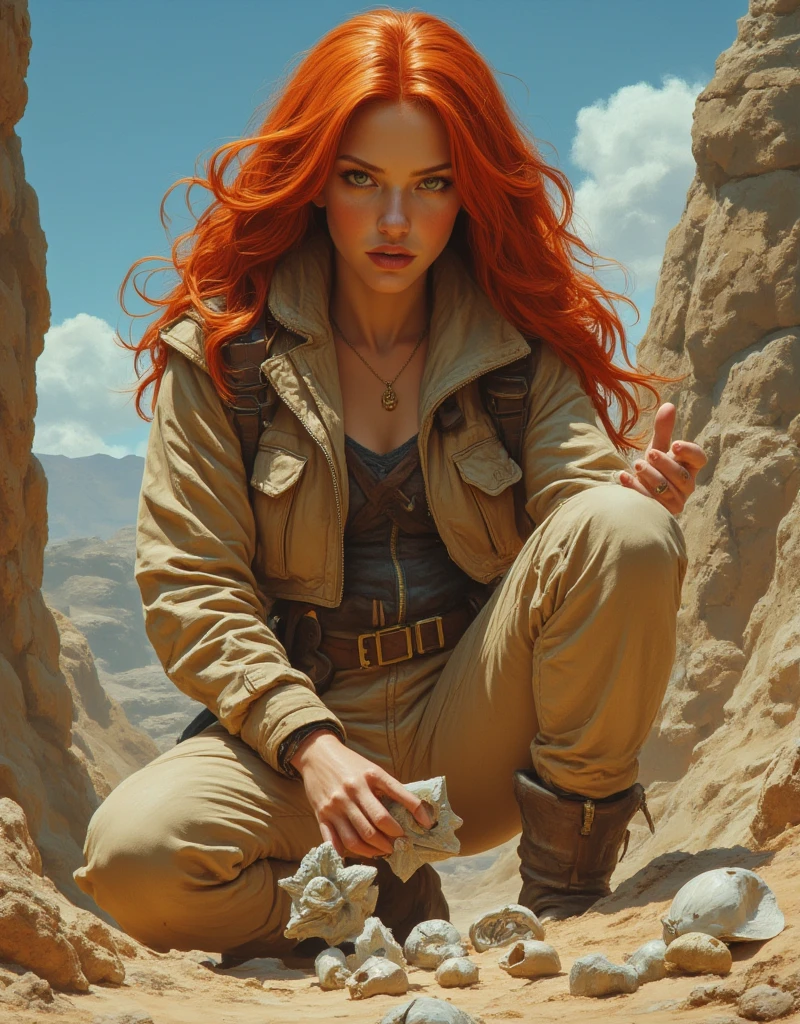 a gorgeous red head female [Gal Gadot:Maude Adams:0.5] paleontologist wears a complete explorer outfit and (her new found excavated mollusc fossils:1.2), an epic masterpiece hyper realistic digital art of Frank Bellamy, professional color grading by Kenneth Hines Jr. , 80's European Color Comic Style