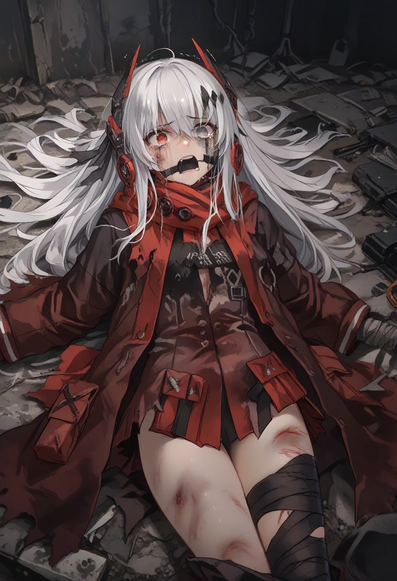 CrimsonAbyss, Heterochromia, red eye, grey eye, white hair, Crimson clothes, headgear, bandaged leg,throat,cry,tears,gag,ring gag,wounded, bleeding, crying, tears, bruises, exhausted, lifeless, injured, hurt, battered, scarred, faint, pale, cut, bruised, swollen, suffering, pained, weak, aching, sore, broken, limping, unconscious, feverish, distressed, dizzy, nauseated, bandaged, fractured, incapacitated, agonized, trembling, fatigued, cold, shivering, infected, blistered, gasping, trembling, unconscious, crippled, shocked, gory, mangled, disabled, unconscious, paralyzed, maimed, disoriented, breathless, immobile, feverish, clammy, bloodstained, unconscious, traumatized, poisoned, stabbed, beaten, burnt, hypothermic, suffocating, dismembered, incapacitated, decayed, decaying, vulnerable, fainting, septic, hemorrhaging, scarred, scraped, coughing, groaning, aching, incapacitated, struggling, delirious, desperate.