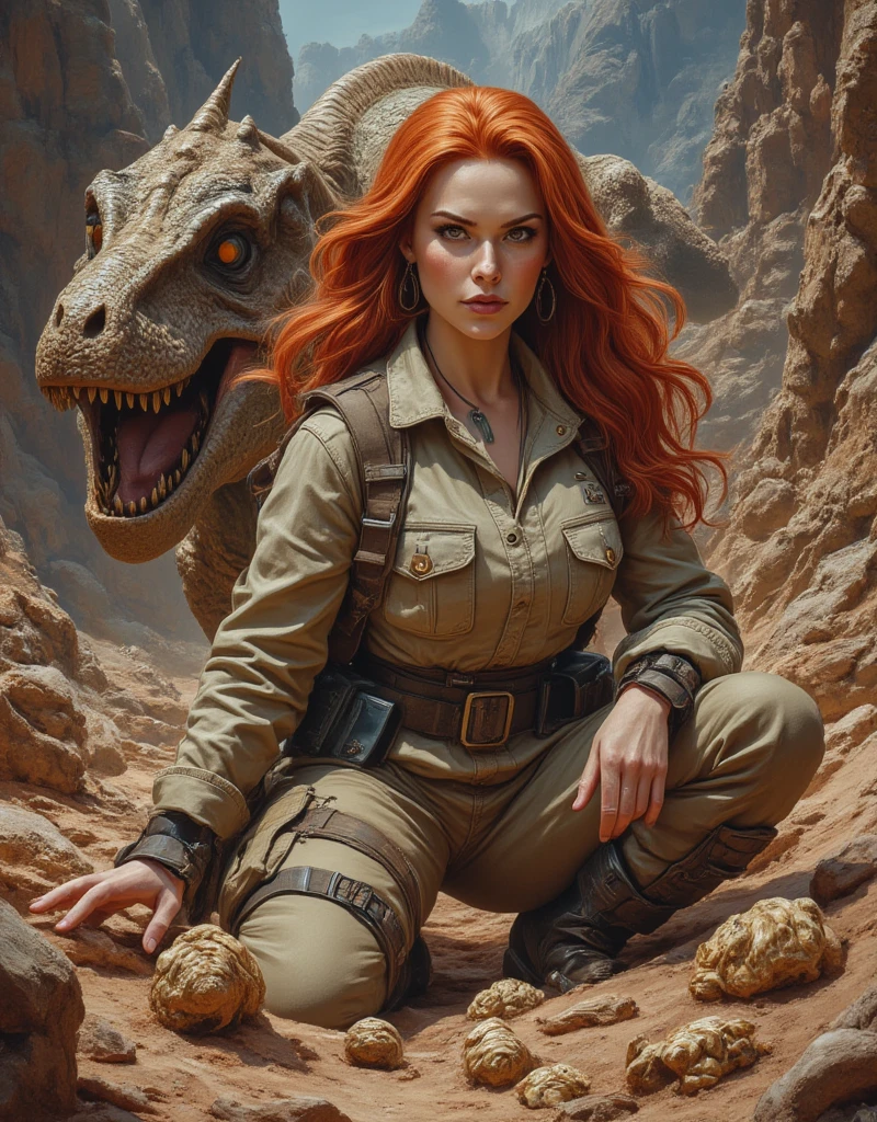 a gorgeous red head female [Gal Gadot:Maude Adams:0.5] paleontologist, founds a dinosaur fossils, wears a complete explorer outfit and (her new found excavated mollusc fossils:1.2), an epic masterpiece hyper realistic digital art of Frank Bellamy, professional color grading by Kenneth Hines Jr. , 80's European Color Comic Style