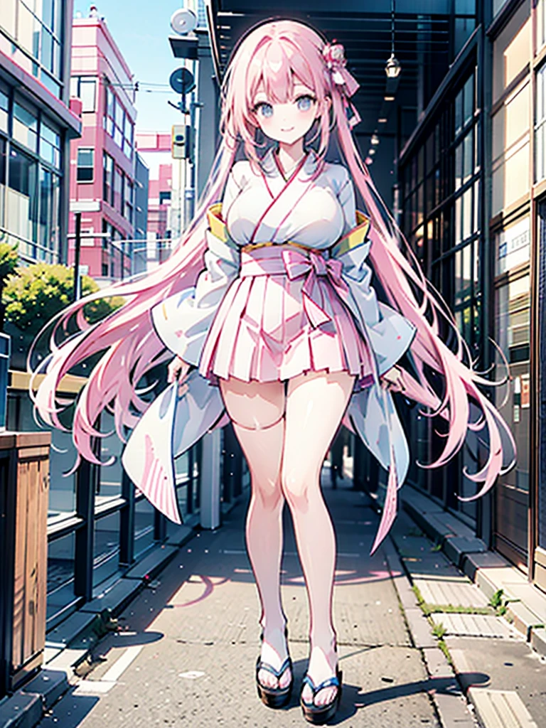 pink kimono 　 pink hair straight long　Busty　 plump thighs 　Oversized breasts　Sandals　Kyoto Downtown　Miniskirt hakama　 very long hair, Large Breasts, smile, ribbon, Overexposure, 