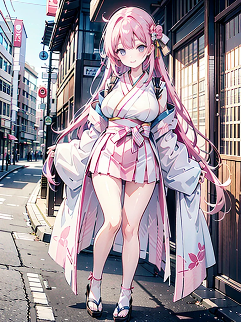 pink kimono 　 pink hair straight long　Busty　 plump thighs 　Oversized breasts　Sandals　Kyoto Downtown　Miniskirt hakama　 very long hair, Large Breasts, smile, ribbon, Overexposure, 