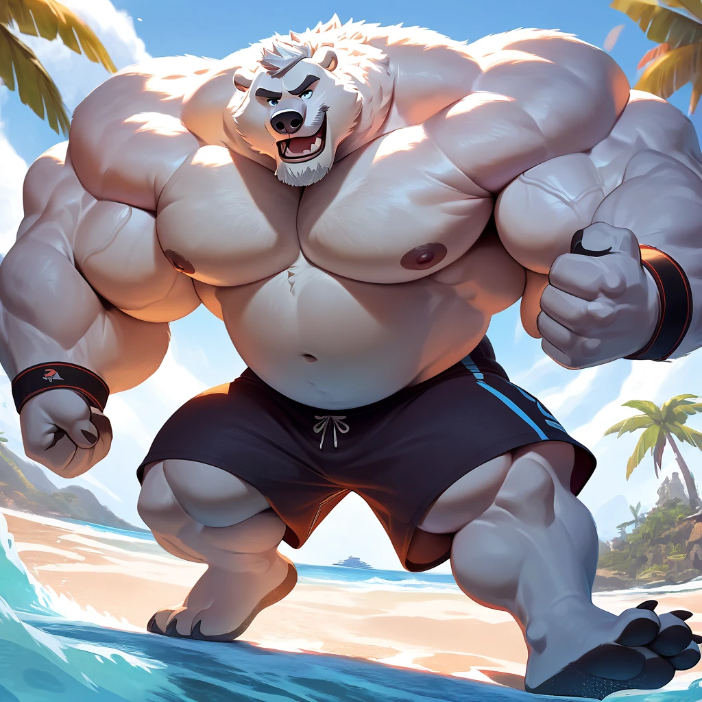 huge muscular polar bear in Tropical island beach, big growl, polar bear, huge white fur, thick arm, huge arm, huge white fur, thick arm, huge arm, added gray mustache, added gray beard, short white hair, height: 220cm, weight: 440lbs, (veiny bulked up muscular, pectoral, wide pectoral, thick bulky arms), Walt Disney 2D Zootopia Animation Art Style, detailed gray eyebrows, detailed eyes with blue pupils, (wearing black swim trunks with blue slits, wristbands, shirtless, topless and feet), bouncing his pecs, flexing his biceps and his thorax