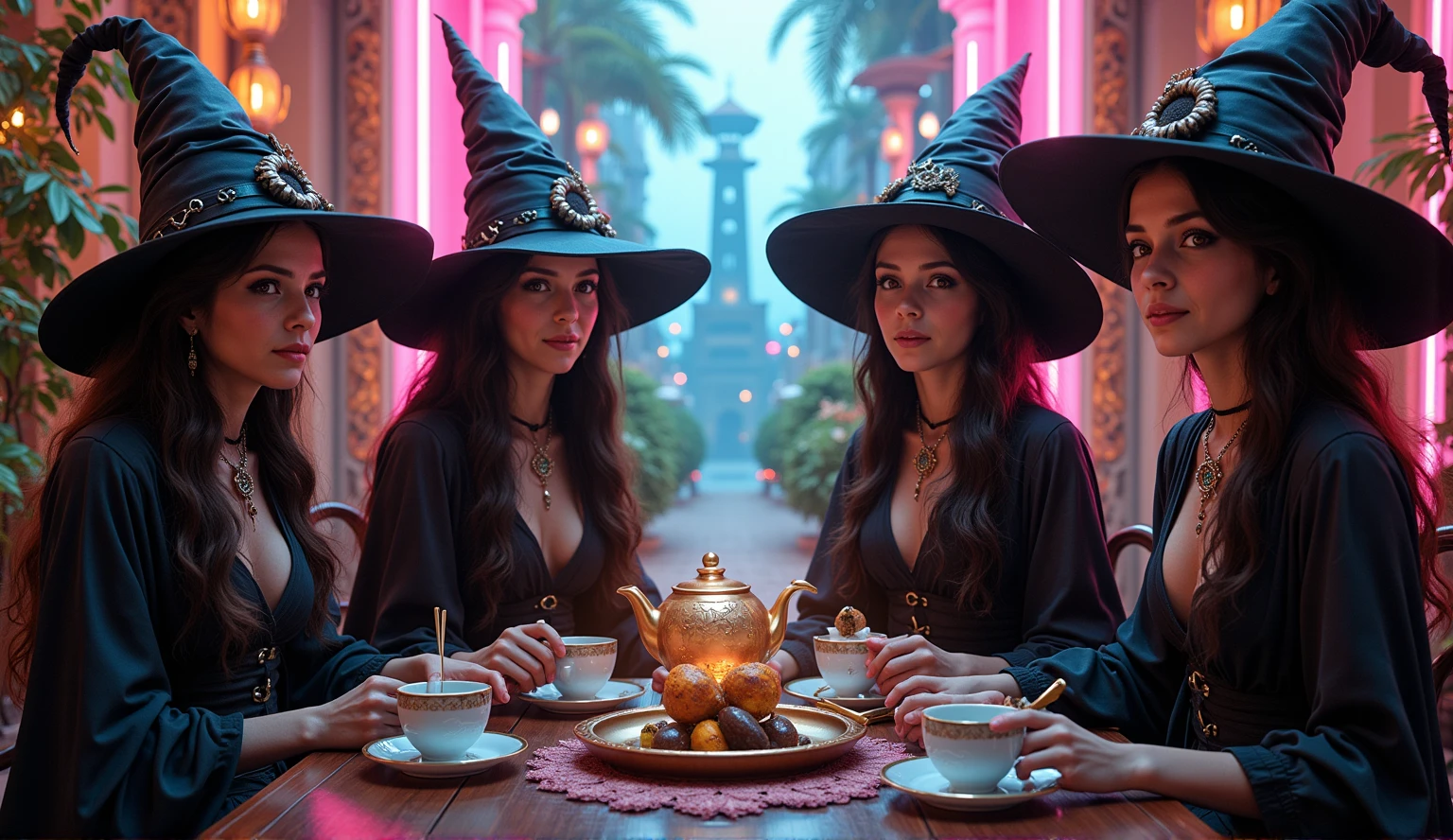 wizard tea, magic tea, magic, four handsome witches, highly detailed realistic eyes, perfect hands, Wicca makeup, lipstick, happy, vibrant, colourful, ultra detailed skin with pores, beautiful mystical garden, wind, horizon, sharp light and shadows, neon lights, sci-fi, cyberpunk, cityscape, panorama, ray tracing, DSLR, UHD, 8k, photorealistic, masterpiece, award-winning