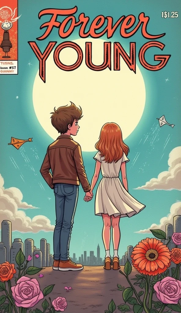 Design a vintage 1970s/80s comic book cover with soft pastel colors like pale blue, lavender, and pink, evoking nostalgia. The bold title 'FOREVER YOUNG' should be at the top in a flowing, retro font, with 'ISSUE #5' and '$1.25' in the upper corners. The background shows a glowing full moon, streaks of stardust, and a distant retro-futuristic cityscape.

In the foreground, two young characters stand on a hilltop— a boy in a leather jacket and a girl in a flowing dress—holding hands, gazing up at the sky with a mix of hope and melancholy. Nearby, symbols of fleeting time are scattered: a wristwatch, wilted roses, and paper airplanes floating away.

A dialogue box in the lower corner reads: 'CAN WE STAY FOREVER YOUNG?' The art should feature bold line work, with heavy shading and hatching, evoking the printed comic style of the era, and a vintage texture to give it an aged, worn feel.