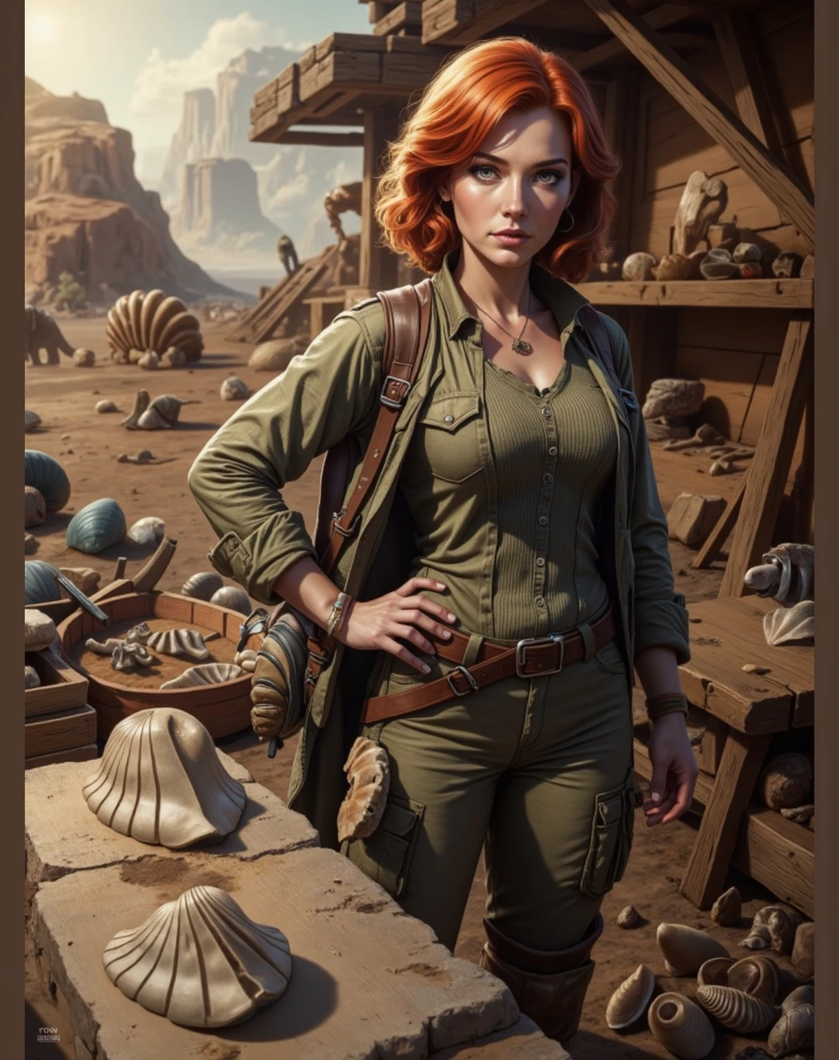 a gorgeous red head female [Gal Gadot:Maude Adams:0.5] paleontologist, founds a dinosaur fossils, wears a complete explorer outfit and (her new found excavated mollusc fossils:1.2), an epic masterpiece hyper realistic digital art of Frank Bellamy, professional color grading by Kenneth Hines Jr. , 80's European Color Comic Style