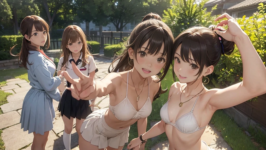 ((highest quality)), ((masterpiece)), (become familiar with), perfect face, smile、open your mouth and smile、three women are posing for a camera outdoors in the water, ((topless)), (small chest)、((Completely naked)), nipple are visible、nippleが丸見えです、multiple girls, nipple, chest, realistic, ((three girls)), , 9 years old, (es)), Pussy, not wearing anything、black hair, belly button, jewelry, looking at the viewer, necklace, topless, water, , Wet, long hair, abs