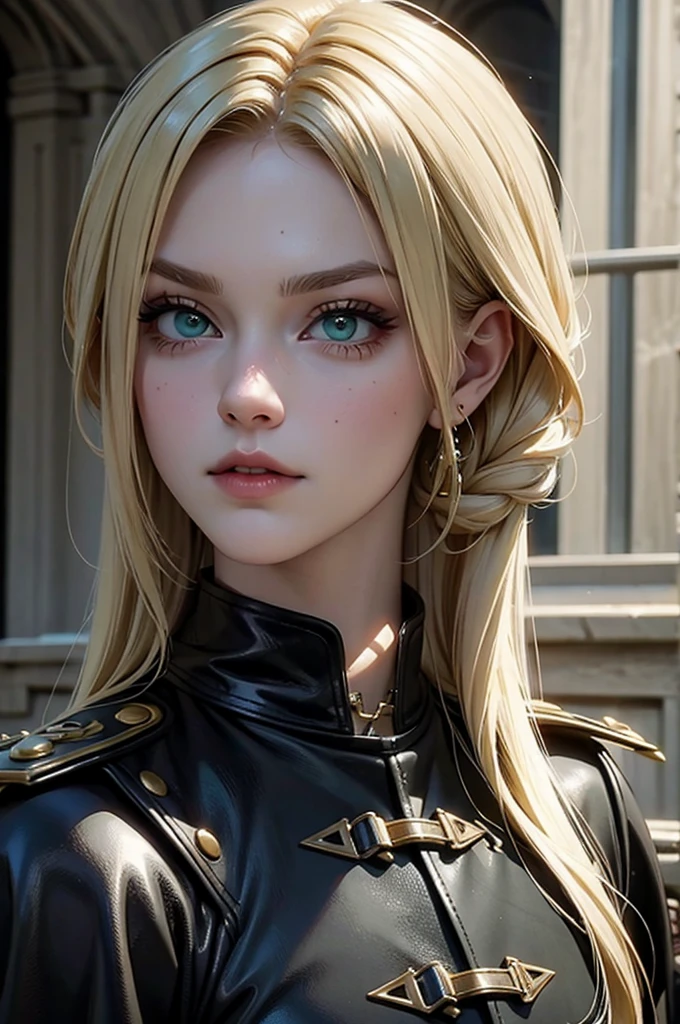 cold and evil facial expression, blonde hair, green eyes, black and leather cleric outfit 