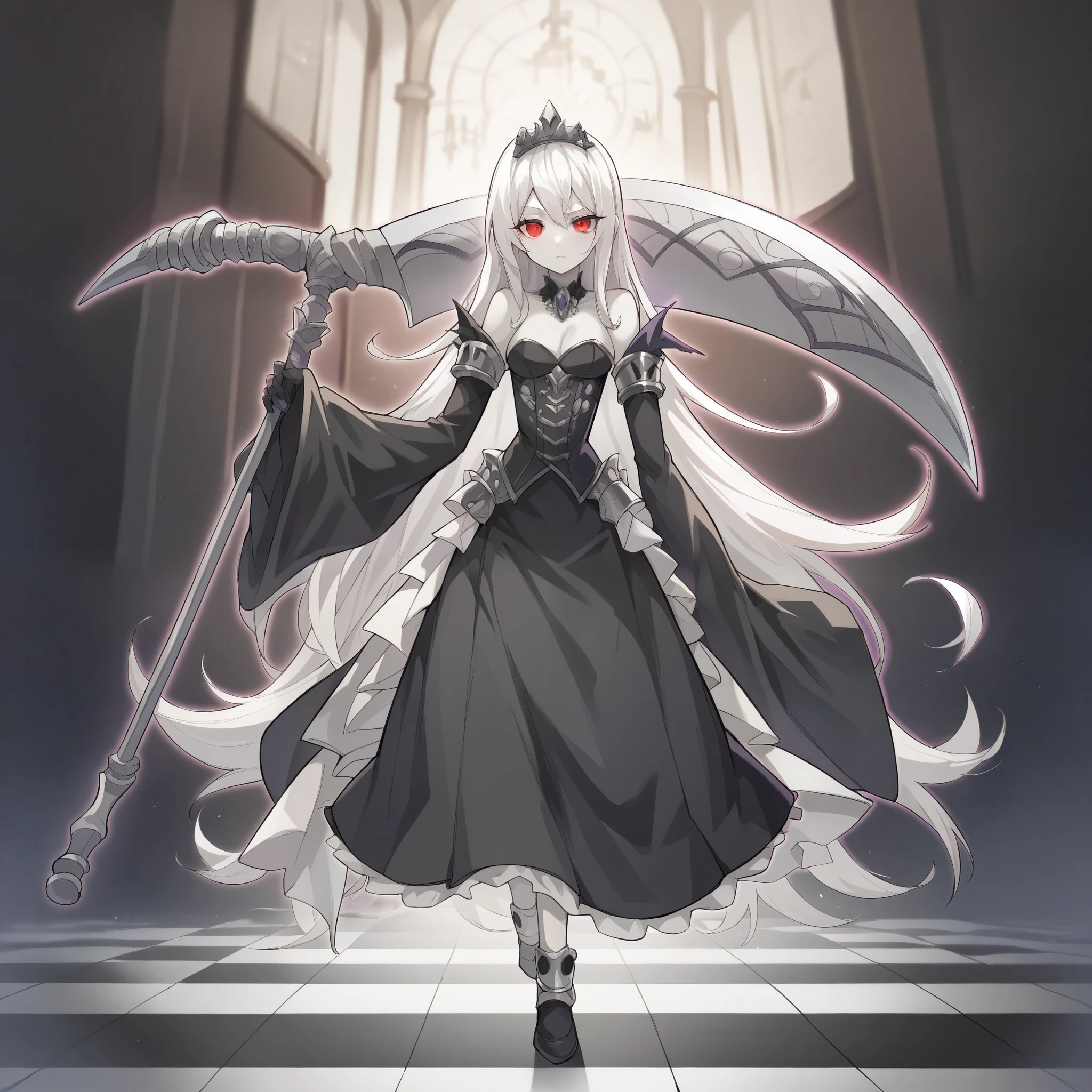 anime girl, solo, 4k absurdres, illustration, yugioh artstyle, glowing outline, gothic ****ta, black clothing, pale skin, white hair, red eyes, dynamic pose, white scythe, holding scythe, fancy castle stairway, chandelier,checkered floor