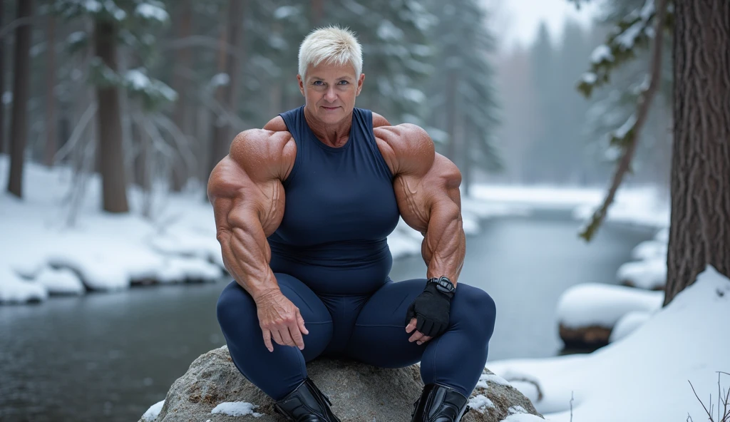 beautiful mature woman,  with colossal arms and legs packed with massive, bulging muscles, her biceps and thighs far exceeding those of even male bodybuilders. Her entire physique is incredibly defined, every muscle group sharply visible and straining against her skin, veins running down her muscular legs and sculpted shoulders, her large breasts complementing her dominant frame. Sari Virtanen, 43 years old, Finland, very fair skin, short platinum blonde hair, ice-blue eyes, thin delicate lips, small straight nose. She wears a (dark blue tight-fitting bodysuit, covering her oiled body). Her pose is relaxed, sitting on a rock, with one leg bent and the other stretched out, wearing black leather boots. The setting is a snowy forest, with tall snow-covered trees and a frozen river in the background.