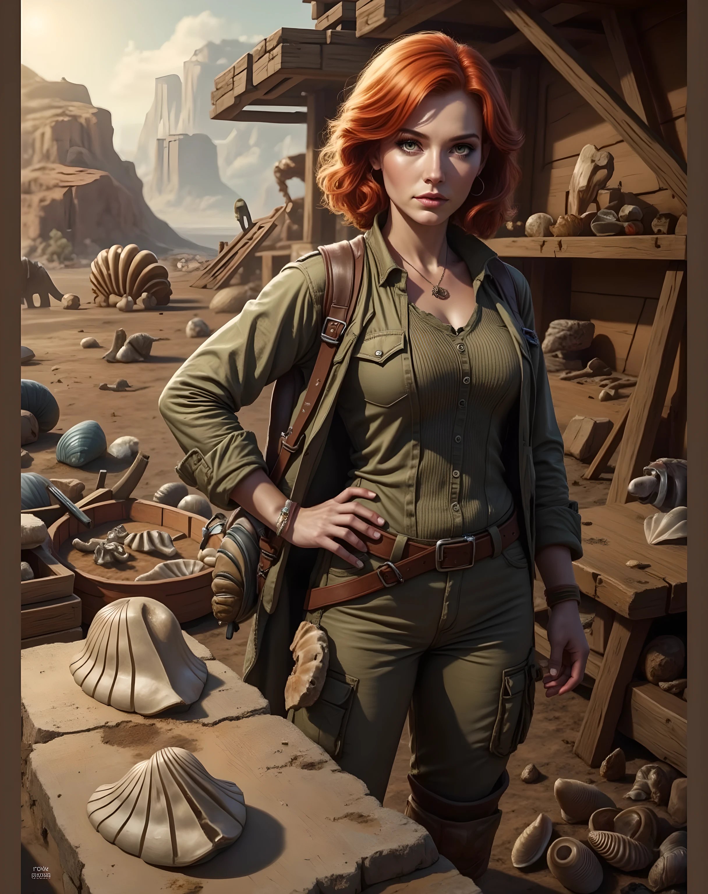 a gorgeous red head female [Gal Gadot:Maude Adams:0.5] paleontologist, founds a dinosaur fossils, wears a complete explorer outfit and (her new found excavated mollusc fossils:1.2), an epic masterpiece hyper realistic digital art of Frank Bellamy, professional color grading by Kenneth Hines Jr. , 80's European Color Comic Style