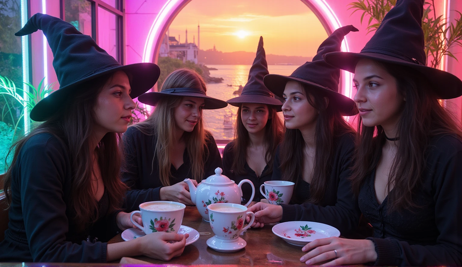 wizard tea, magic tea, magic, four handsome witches, highly detailed realistic eyes, perfect hands, Wicca makeup, lipstick, happy, vibrant, colourful, ultra detailed skin with pores, beautiful mystical garden, wind, horizon, sharp light and shadows, neon lights, sci-fi, cyberpunk, cityscape, panorama, ray tracing, DSLR, UHD, 8k, photorealistic, masterpiece, award-winning 