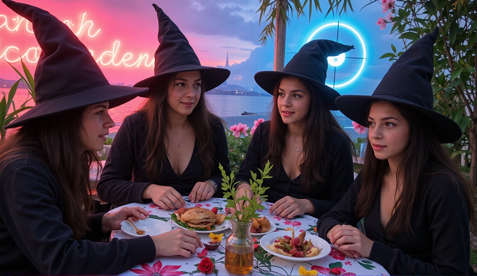 wizard tea, magic tea, magic, four handsome witches, highly detailed realistic eyes, perfect hands, Wicca makeup, lipstick, happy, vibrant, colourful, ultra detailed skin with pores, beautiful mystical garden, wind, horizon, sharp light and shadows, neon lights, sci-fi, cyberpunk, cityscape, panorama, ray tracing, DSLR, UHD, 8k, photorealistic, masterpiece, award-winning 