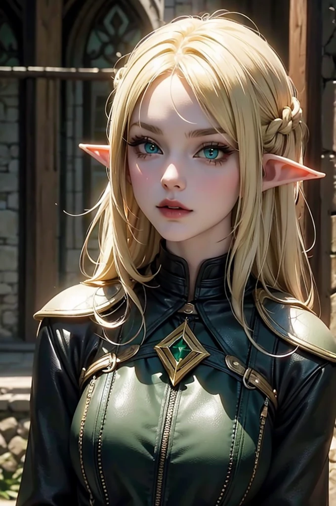 Elf girl, cold and evil facial expression, blonde hair, green eyes, black and leather cleric outfit 