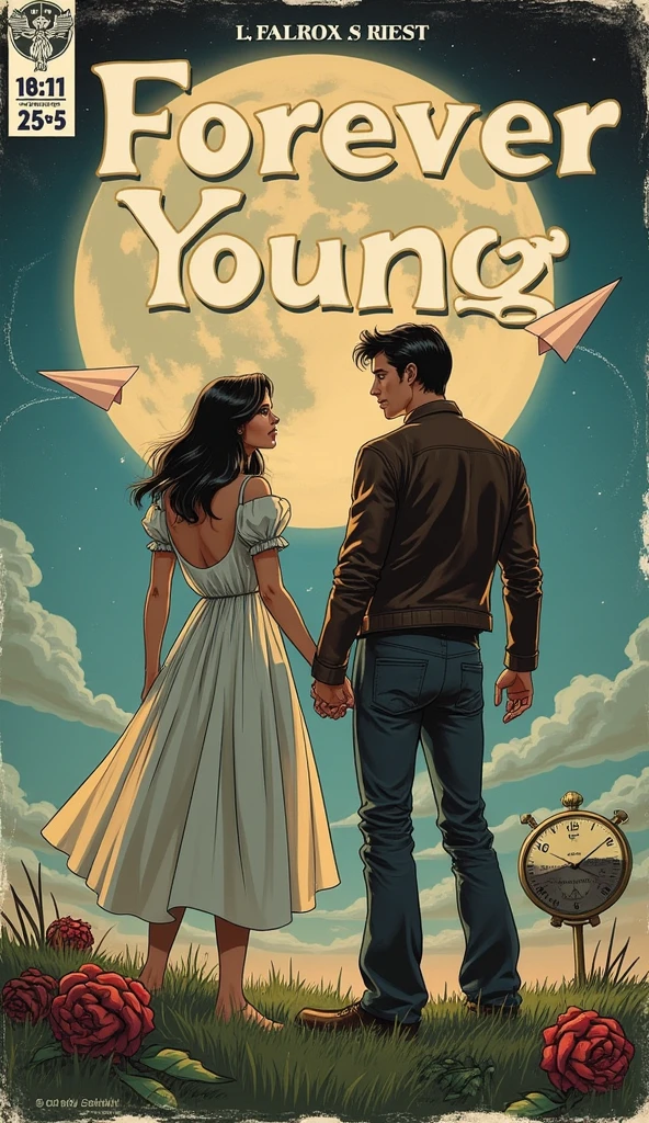 a 1970s/80s comic book cover with a soft pastel palette, featuring realistic, detailed characters. The title 'FOREVER YOUNG' should be bold and prominent at the top, written in a classic, serif-style font, with 'ISSUE #5' and '$1.25' in the top corners. The background shows a glowing full moon in a twilight sky with subtle stardust trails and a distant futuristic city skyline. In the foreground, two realistic, human characters—a young man in a vintage leather jacket and a young woman in a flowing dress—stand on a grassy hilltop, holding hands, their faces expressing deep emotion, a mix of longing and nostalgia. Their figures should have detailed shading and muscular structure, typical of classic comic book realism, with expressive eyes and strong jawlines. Around them, symbolic elements of fleeting time are scattered: an old wristwatch, paper airplanes flying away, and wilted roses on the ground. A classic comic dialogue box reads, 'CAN WE STAY FOREVER YOUNG?' The art style should be reminiscent of vintage comics, with detailed linework, crosshatching for depth, and dramatic shadows to give the scene a sense of realism and emotional weight. Add slight wear and tear effects to the cover, like faded colors and soft creases, for an authentic vintage comic feel.