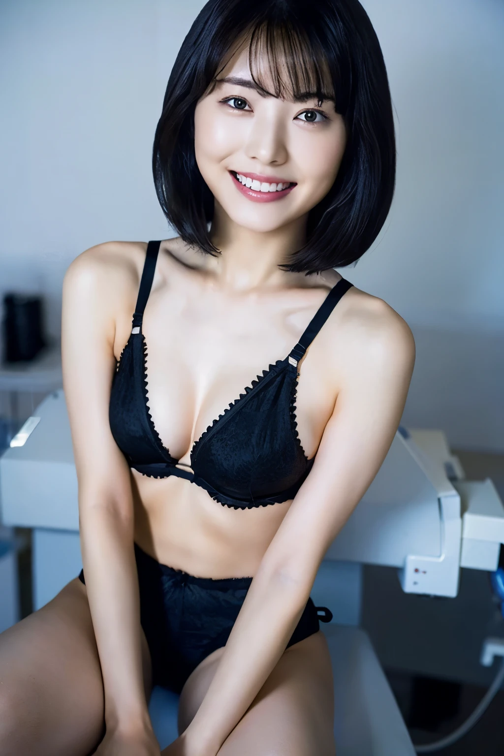(8K, highest quality, masterpiece:1.2), (realistic, photo-realistic:1.37), Super detailed, 1 female, alone, cute,, (smile:1.2), (grin and laugh), detailed and beautiful eyes, floating hair, stockings, Upper body,thin, sexy, underwear, dim room