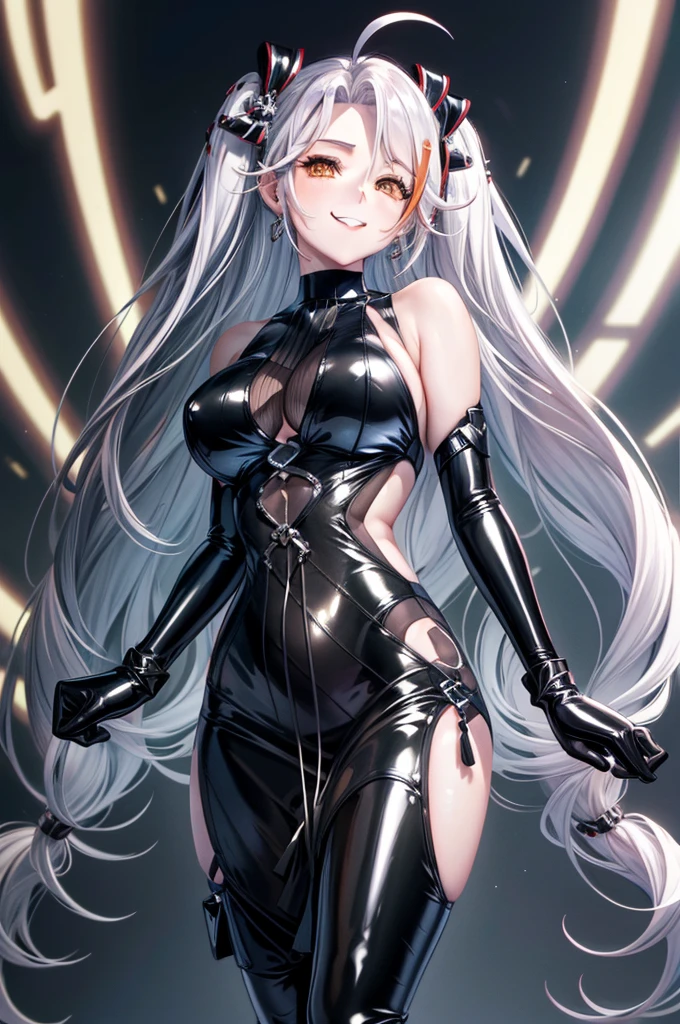 8k, highres, ultra detailed, (masterpiece:1.4), best quality, symmetrical body, (tight latex dress:1.4), cute, solo, earrings, long hair, ponytails, white hair, orange eyes, glow effect, finely eye, grinning, wide smile, detailed face, looking at viewer, smilling at viewer, office, standing, angled view, big breasts, teasing, seductive look