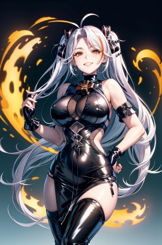 8k, highres, ultra detailed, (masterpiece:1.4), best quality, symmetrical body, (tight latex dress:1.4), cute, solo, earrings, long hair, ponytails, white hair, orange eyes, glow effect, finely eye, grinning, wide smile, detailed face, looking at viewer, smilling at viewer, office, standing, angled view, big breasts, teasing, seductive look