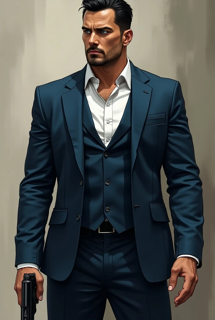 realist illustration. Tanned, very strong and muscular man, black hair, modern faded cut, blue eyes, short and clean beard, wears a navy blue suit and white shirt. He has a beautiful, masculine face. He is holding a gun. The illustration has a powerful, mafia stance vibe.