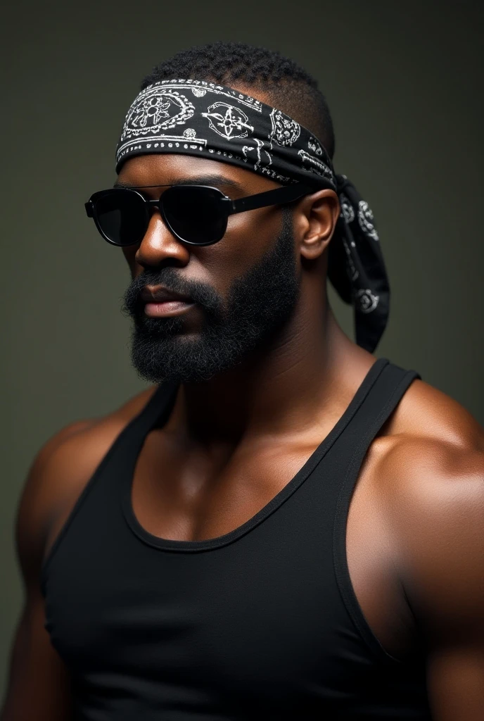 black man, buff, muscular, healthy, in his 30's, black bandana, gray trunk shirt, thin gold chain, beard, face front