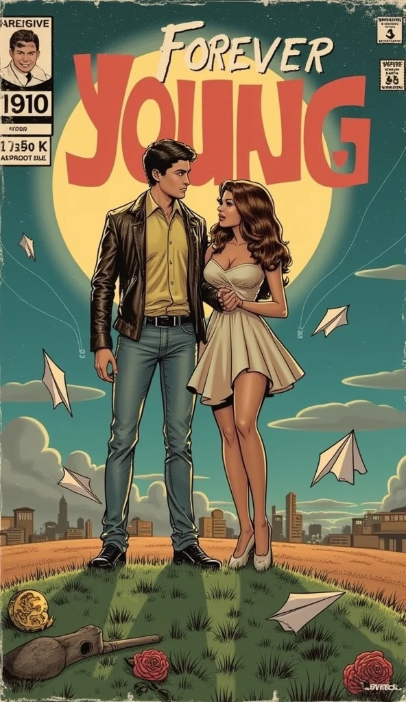 a 1970s/80s comic book cover with a soft pastel palette, featuring realistic, detailed characters. The title 'FOREVER YOUNG' should be bold and prominent at the top, written in a classic, serif-style font, with 'ISSUE #5' and '$1.25' in the top corners. The background shows a glowing full moon in a twilight sky with subtle stardust trails and a distant futuristic city skyline. In the foreground, two realistic, human characters—a young man in a vintage leather jacket and a young woman in a flowing dress—stand on a grassy hilltop, holding hands, their faces expressing deep emotion, a mix of longing and nostalgia. Their figures should have detailed shading and muscular structure, typical of classic comic book realism, with expressive eyes and strong jawlines. Around them, symbolic elements of fleeting time are scattered: an old wristwatch, paper airplanes flying away, and wilted roses on the ground. A classic comic dialogue box reads, 'CAN WE STAY FOREVER YOUNG?' The art style should be reminiscent of vintage comics, with detailed linework, crosshatching for depth, and dramatic shadows to give the scene a sense of realism and emotional weight. Add slight wear and tear effects to the cover, like faded colors and soft creases, for an authentic vintage comic feel.