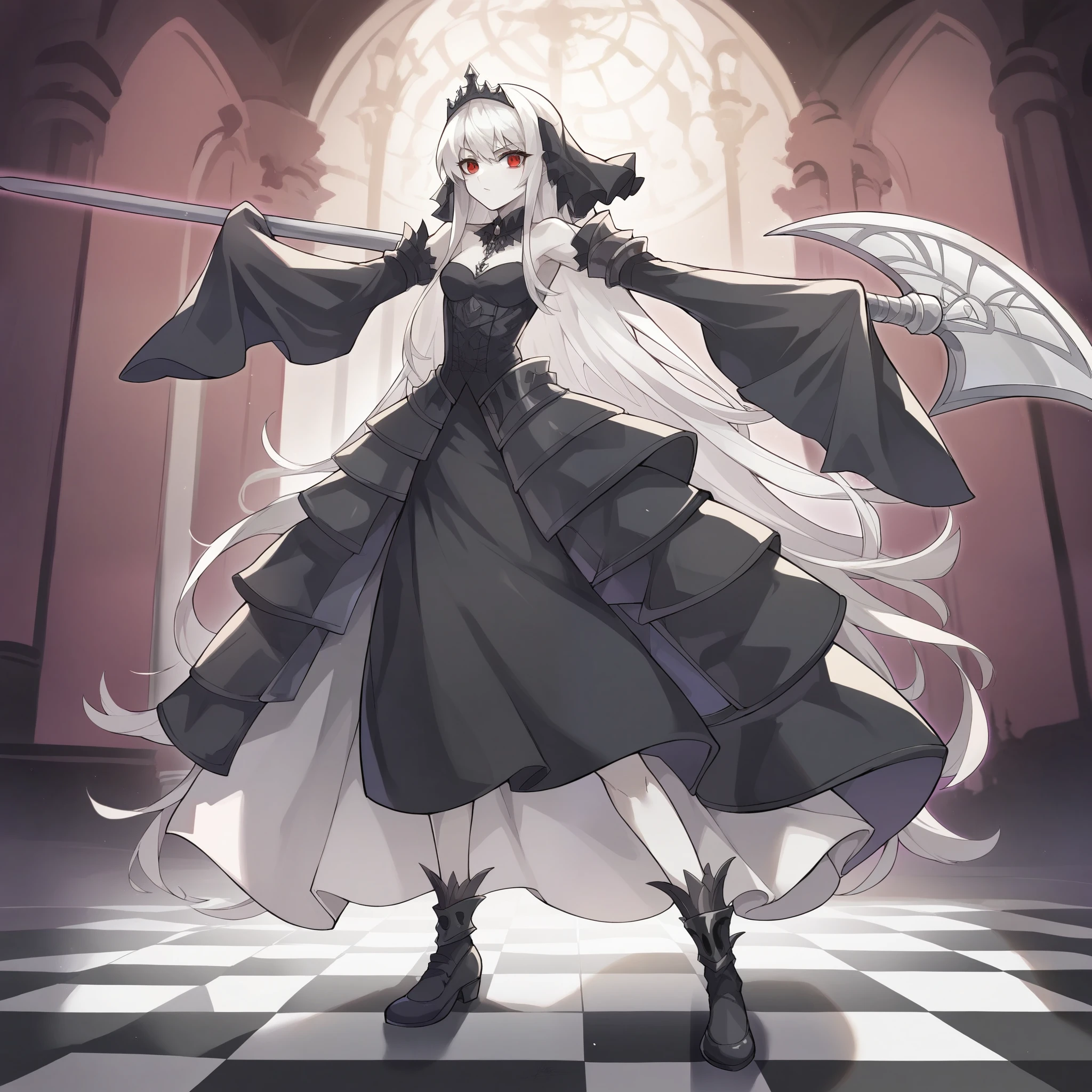 anime girl, solo, 4k absurdres, illustration, yugioh artstyle, glowing outline, gothic ****ta, black clothing, pale skin, white hair, red eyes, dynamic pose, white scythe, holding scythe, fancy castle stairway, chandelier,checkered floor