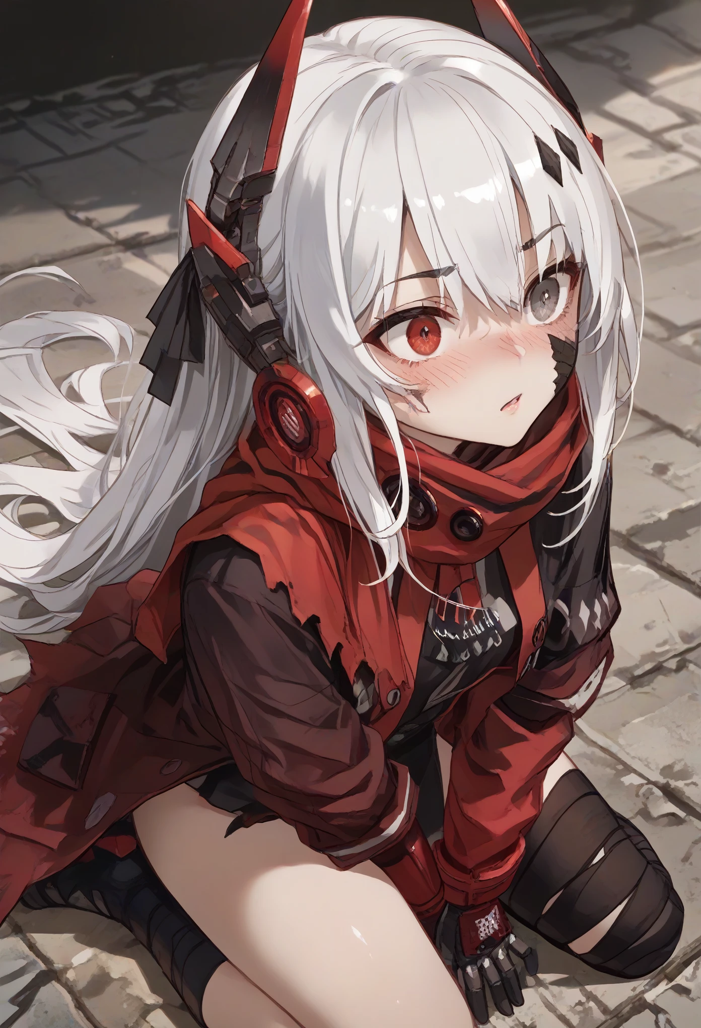 CrimsonAbyss, Heterochromia, red eye, grey eye, white hair, Crimson clothes, headgear, bandaged leg,front,from the front,kneeling,from above,looking up,blush,aroused,scarred,shock
