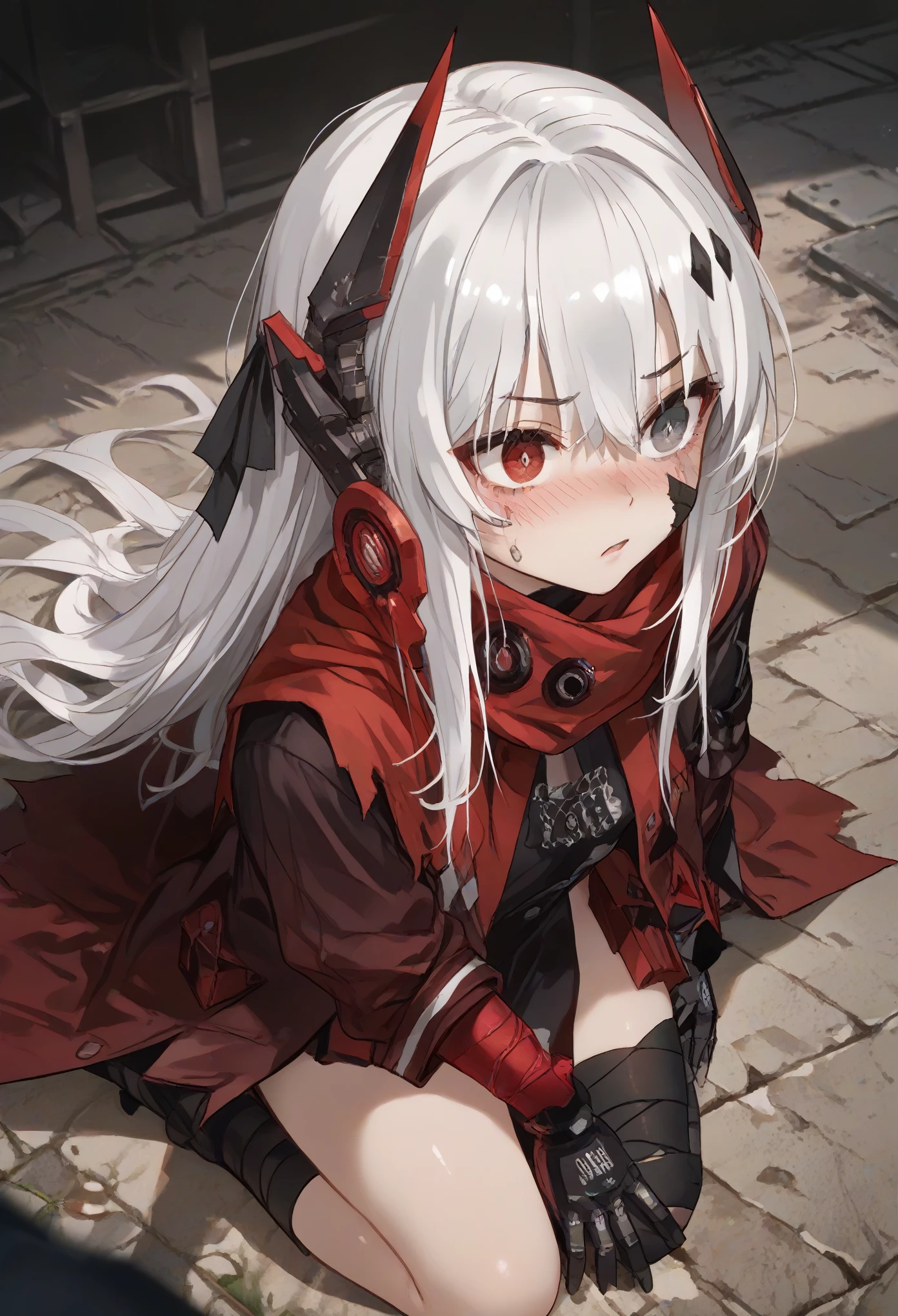 CrimsonAbyss, Heterochromia, red eye, grey eye, white hair, Crimson clothes, headgear, bandaged leg,front,from the front,kneeling,from above,looking up,blush,aroused,scarred,shock
