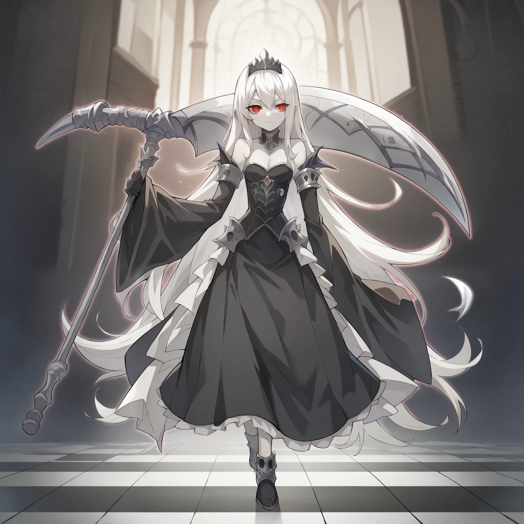 anime girl, solo, 4k absurdres, illustration, yugioh artstyle, glowing outline, gothic ****ta, black clothing, pale skin, white hair, red eyes, dynamic pose, white scythe, holding scythe, cathedral. dynamic lighting