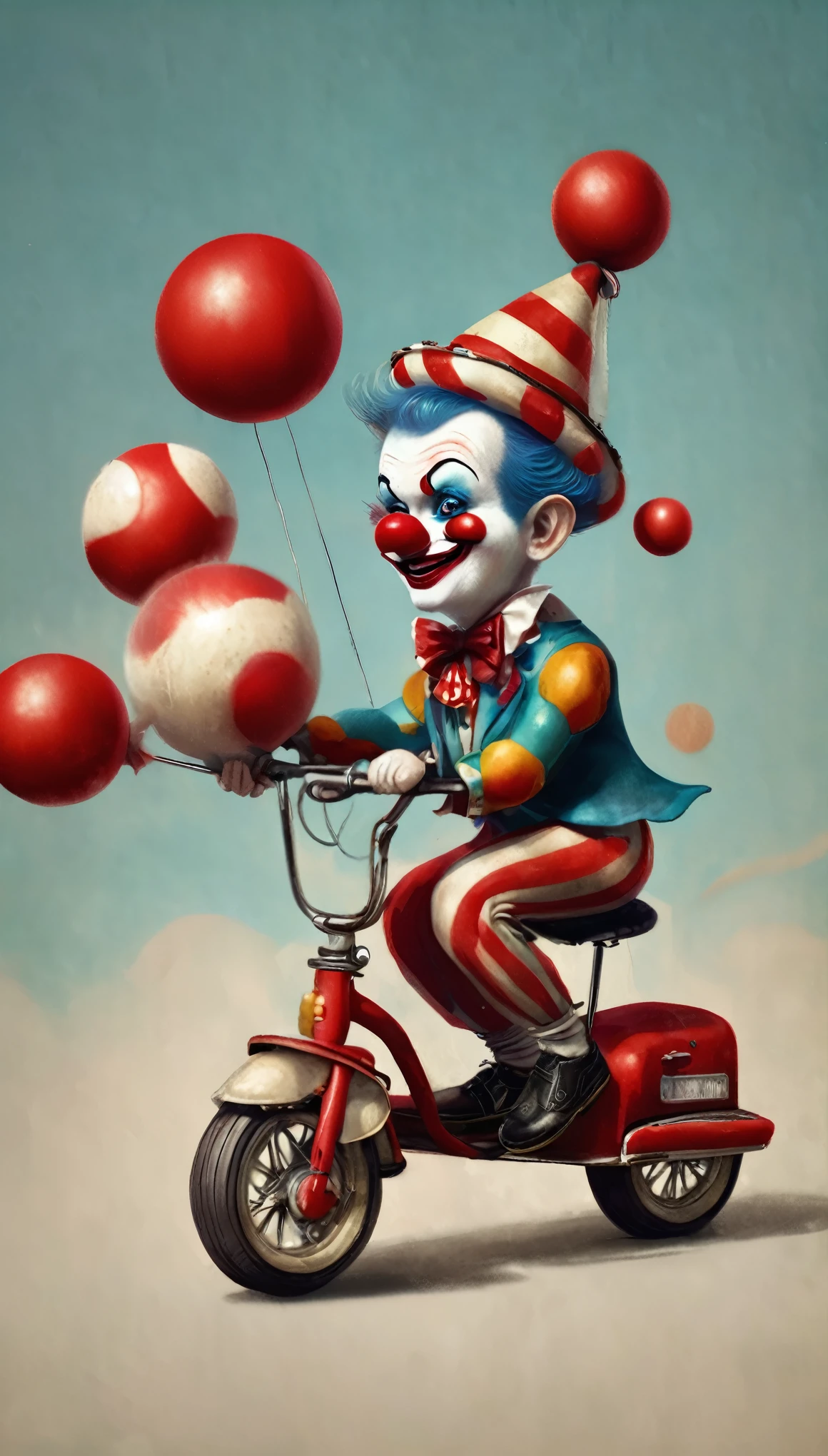  realistic illustration circus clowns riding a mini bike,  in his hands he juggles several red balls , beautiful tender and fun image , Minimalism, UHD, Retina, masterpiece, Accurate, anatomically correct, textured skin, Super detail, high details,  high quality ,  award winning , best quality, highres, 1080P, HD, 16K, HashbinPnyXL