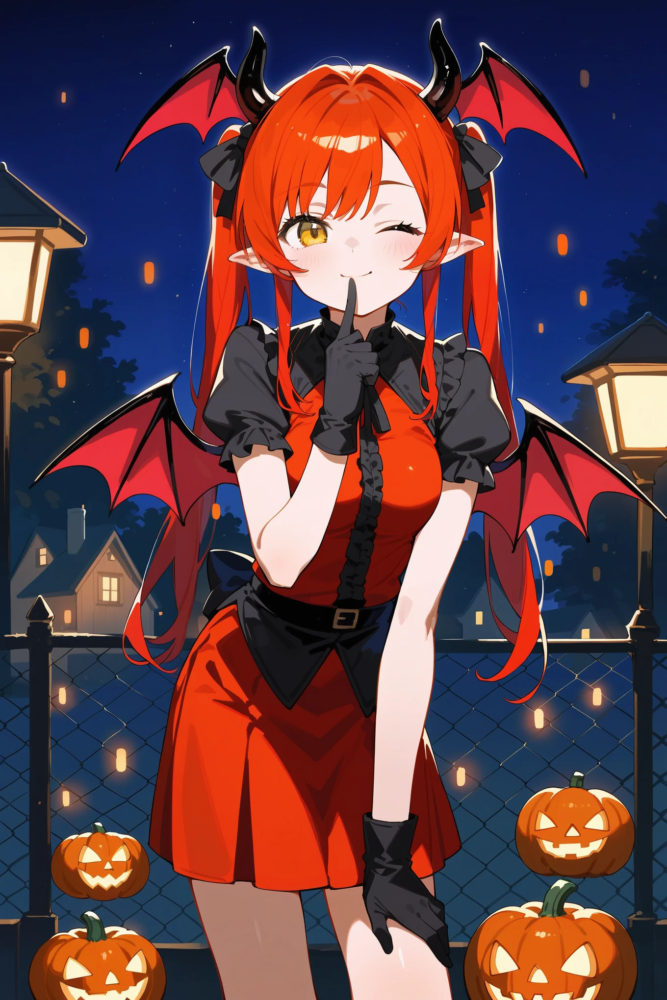 score_9_up,score_8_up,score_7_up, <lora:comiclo-xl-pony:0.7>,1girl, satanichia kurumizawa mcdowell, bat hair ornament, solo, horns, tail, red hair, thighhighs, wings, gloves, demon tail, hair ornament, elbow gloves, breasts, fang, open mouth, heart, moon, cleavage, demon girl, black gloves, dress, demon wings, medium breasts, smile, white thighhighs, demon horns, bat (animal), halloween, looking at viewer, choker, artist name, hair rings, full body, bare shoulders, halloween costume, v-shaped eyebrows, black footwear, red eyes, cross, alternate costume, :d, blush, night, frills, full moon, shoes, frilled dress