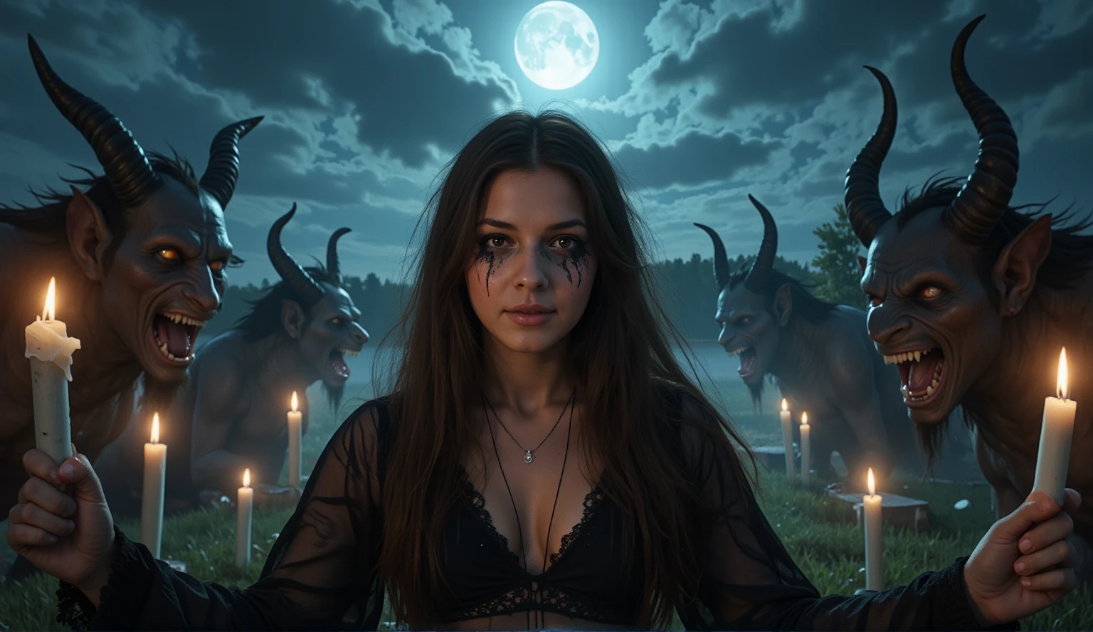 Female wizard, very detailed wizard, Wiccan makeup. The hideous beasts looks very angry and ready to cause chaos, DEVIL SPAWN. Halloween, cemetery, candles, sharp light and shadows, night, etherial mist, moonlight, horizon, panorama, ray tracing, DSLR, UHD, 8k, photorealistic, masterpiece, award-winning