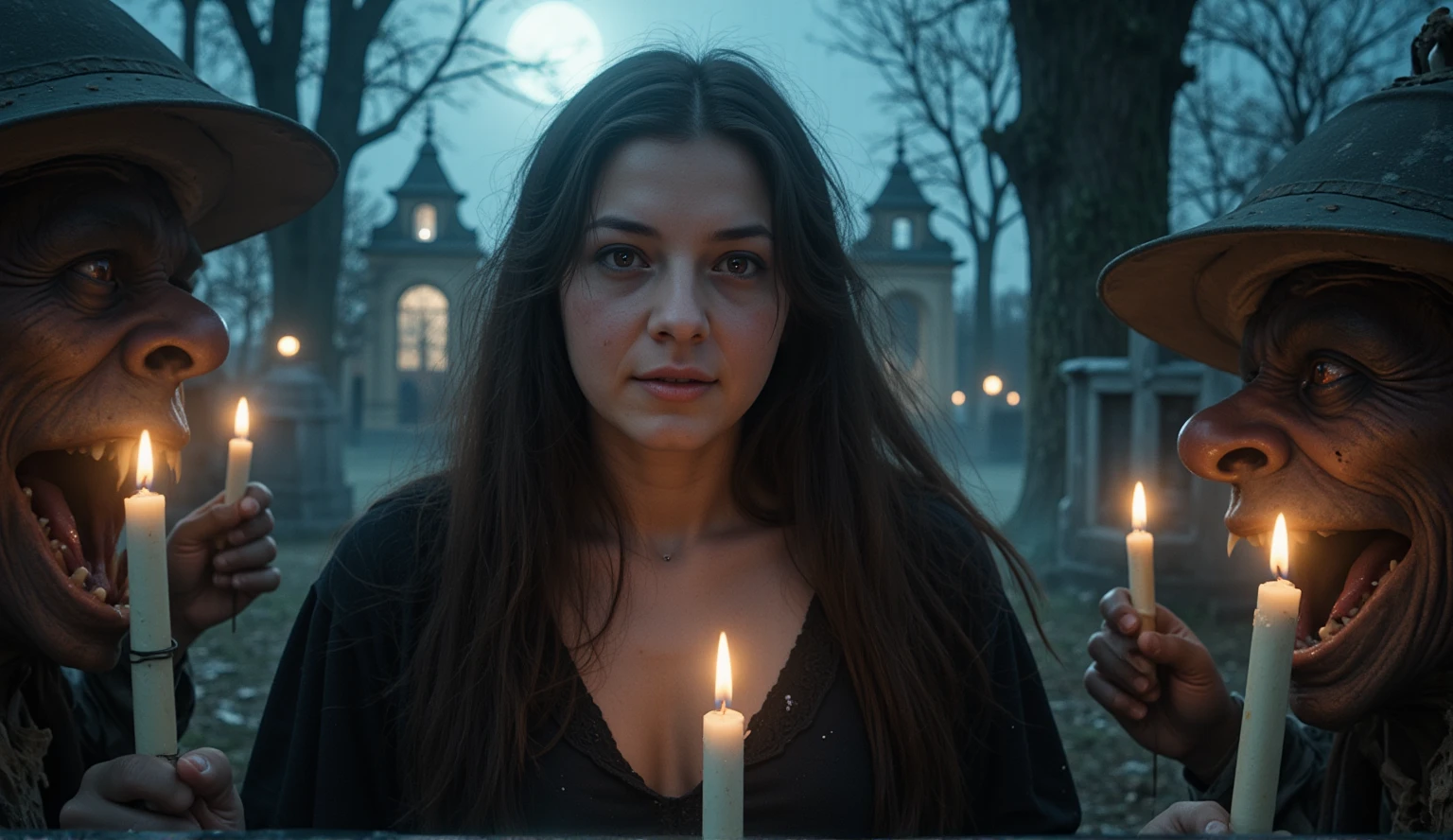 Female wizard, very detailed wizard, Wiccan makeup. The hideous beasts looks very angry and ready to cause chaos, DEVIL SPAWN. Halloween, cemetery, candles, sharp light and shadows, night, etherial mist, moonlight, horizon, panorama, ray tracing, DSLR, UHD, 8k, photorealistic, masterpiece, award-winning