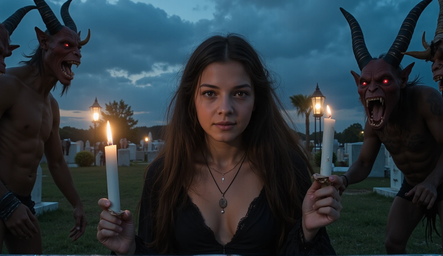 Female wizard, very detailed wizard, Wiccan makeup. The hideous beasts looks very angry and ready to cause chaos, DEVIL SPAWN. Halloween, cemetery, candles, sharp light and shadows, night, etherial mist, moonlight, horizon, panorama, ray tracing, DSLR, UHD, 8k, photorealistic, masterpiece, award-winning