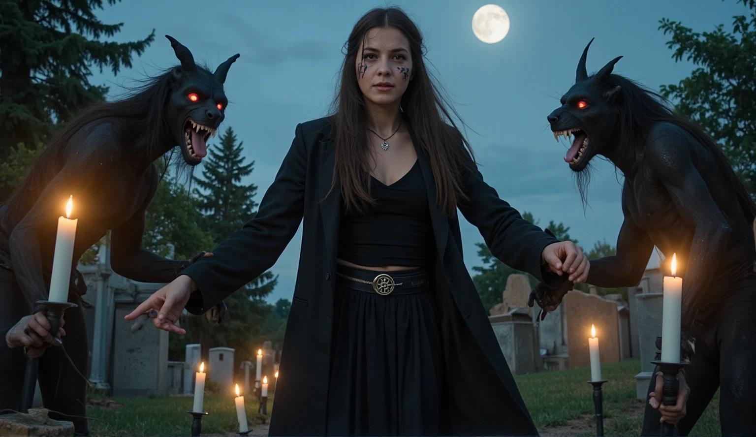 Female wizard, very detailed wizard, Wiccan makeup. The hideous beasts looks very angry and ready to cause chaos, DEVIL SPAWN. Halloween, cemetery, candles, sharp light and shadows, night, etherial mist, moonlight, horizon, panorama, ray tracing, DSLR, UHD, 8k, photorealistic, masterpiece, award-winning