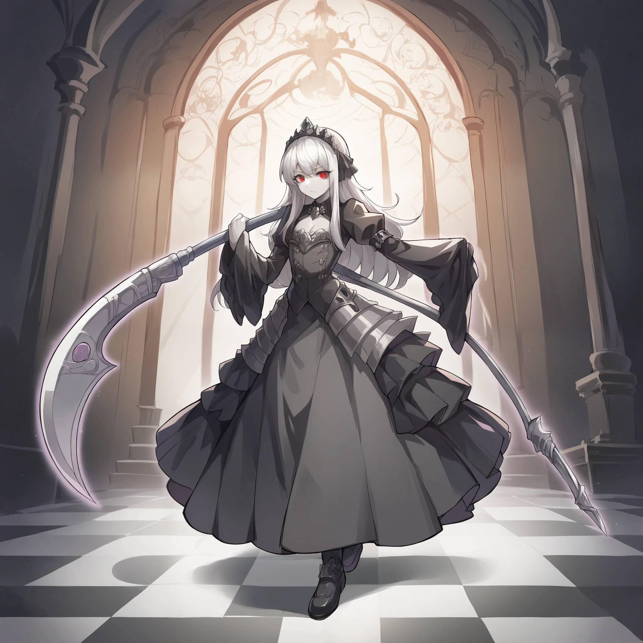 anime girl, solo, 4k absurdres, illustration, yugioh artstyle, glowing outline, gothic ****ta, black clothing, pale skin, white hair, red eyes, dynamic pose, white scythe, holding scythe, fancy castle stairway, chandelier,checkered floor