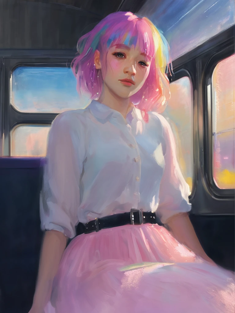 sargent,1girl,solo,light particles,swirling lights,,bloom,romanticized,detailed,8k,best quality,masterpiece,highres, Pastel Rainbow hair,dreamy artstyle, full body,soft lines,soft artstye, dewy,crying pastel rsinbows,white eyelashes,soft hair,soft eyelashes,painting,sitting on train seat,((black crowd)),shadow crowd, crying, crying hard, poofy skirt