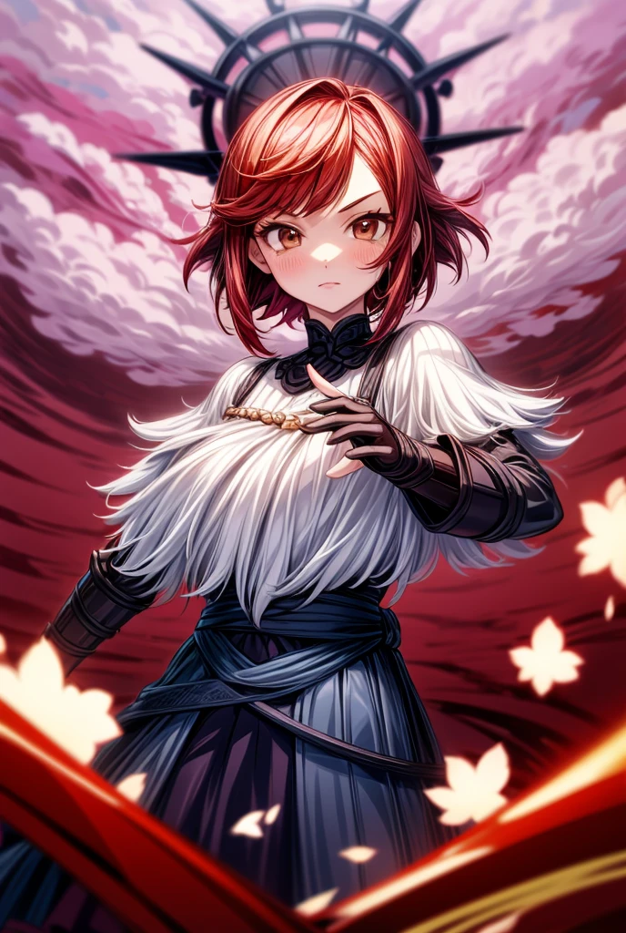 Girl with short red hair, genshin impact style, brown eyes, sword weilder 