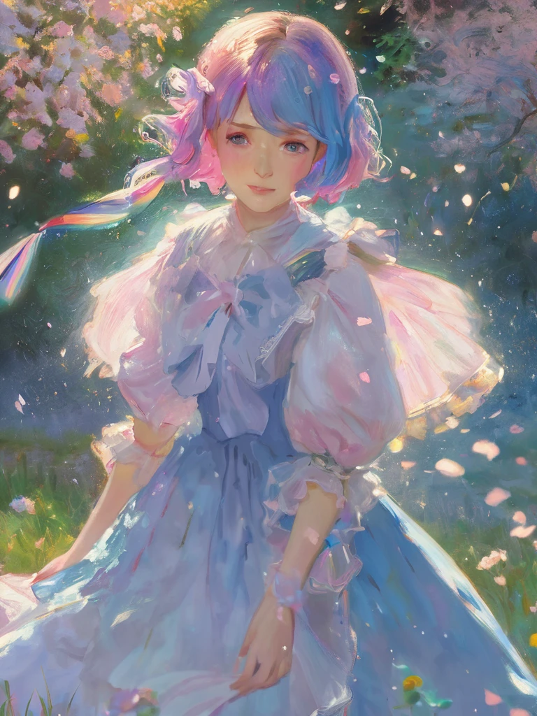 sargent,1girl,solo,light particles,swirling lights,,bloom,romanticized,detailed,8k,best quality,masterpiece,highres, Pastel Rainbow hair, full body,****ta dress, running, crying hard, upclose, grass, blue sky, flowers, petals,raining, depressed