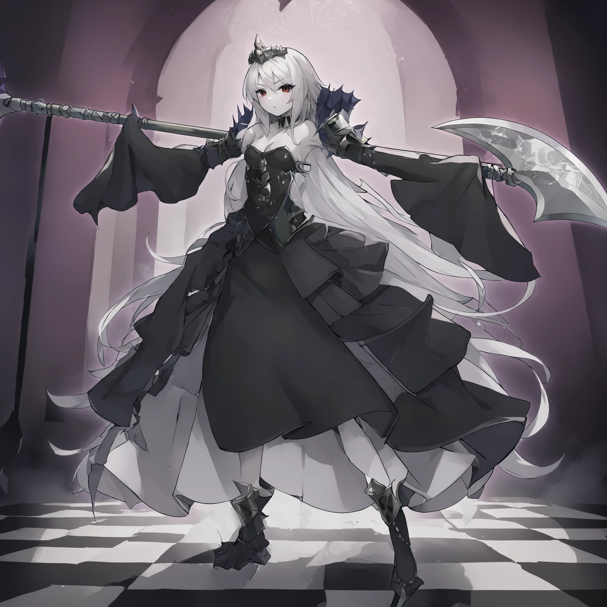 anime girl, solo, 4k absurdres, illustration, yugioh artstyle, glowing outline, gothic ****ta, black clothing, pale skin, white hair, red eyes, dynamic pose, white scythe, holding scythe, cathedral. dynamic lighting