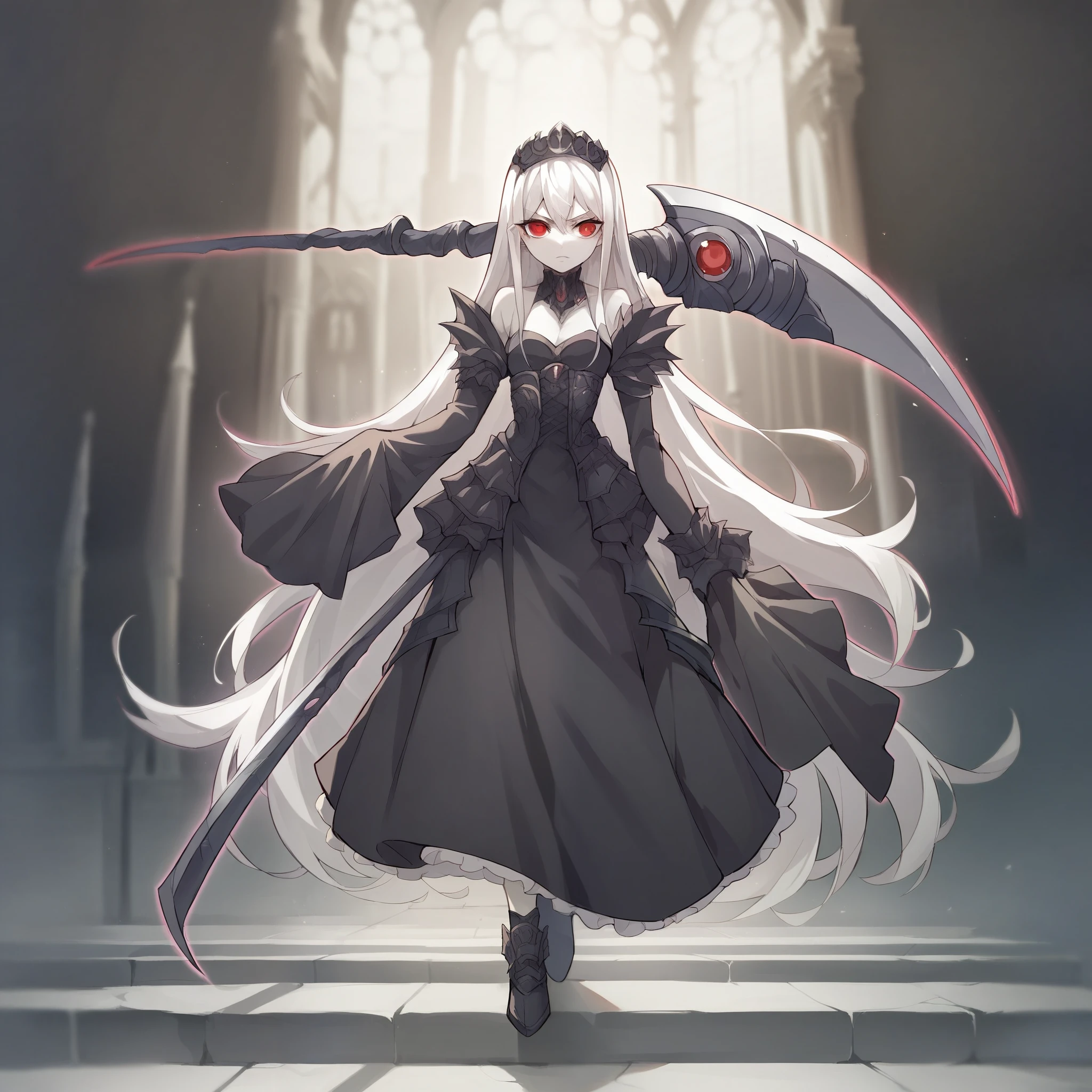 anime girl, solo, 4k absurdres, illustration, yugioh artstyle, glowing outline, gothic ****ta, black clothing, pale skin, white hair, red eyes, dynamic pose, white scythe, holding scythe, cathedral. dynamic lighting