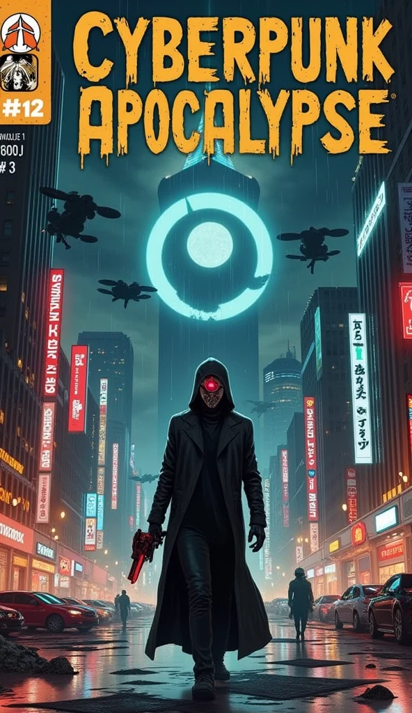 a gritty 1980s-style comic book cover titled 'Cyberpunk Apocalypse.' The title should be bold, metallic, and glowing with neon lights at the top, reflecting the futuristic urban chaos below. The issue number (#12) and price ($3.99) should be in the top corners, styled like old-school comic covers.

In the center, a lone cybernetic hacker stands on a rain-soaked street, wearing a long black trench coat with futuristic circuitry visible on his arms. He holds a glowing energy gun in one hand, while his other hand interfaces with a holographic screen, projecting neon data around him. His face is half-masked, with one red cybernetic eye glowing in the rain.

The background reveals a towering dystopian city, with massive skyscrapers covered in flickering neon signs, some broken and sparking. The sky is dark, filled with heavy clouds and flying drones patrolling overhead. The streets below are littered with wreckage, broken cars, and holographic advertisements glitching out. Neon lights reflect off puddles, casting an eerie glow across the scene.

Behind the hacker, shadowy corporate enforcers in futuristic riot gear emerge from the alleys, holding high-tech batons and weapons, ready to attack. In the distance, a huge looming corporate tower dominates the skyline, its logo half-destroyed and glowing ominously.

The cover art should be highly detailed, with realistic characters, intense lighting, and sharp contrasts between the glowing neon and dark shadows, capturing the gritty, high-tech decay of a cyberpunk world. The overall aesthetic is dark, futuristic, and rain-soaked, with a worn, dystopian texture.