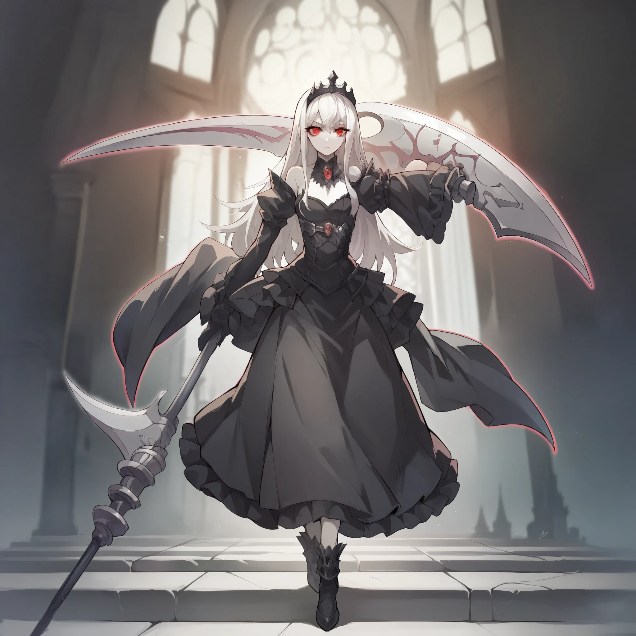 anime girl, solo, 4k absurdres, illustration, yugioh artstyle, glowing outline, gothic ****ta, black clothing, pale skin, white hair, red eyes, dynamic pose, white scythe, holding scythe, cathedral. dynamic lighting