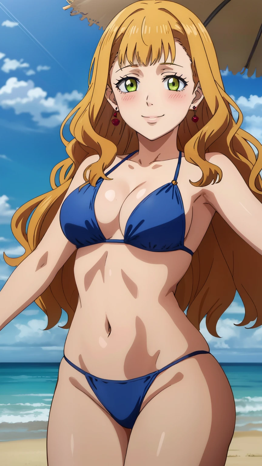 (masterpiece, best quality, high resolution, 8k:1.2), (anime coloring), confused, detailed face, beautiful face, (beautiful eyes, deep eyes), one girl, ((dynamic pose)), mimosa, green eyes, orange hair, long hair, alone, looking at viewer, wavy hair, bangs, (jewelry, earrings, swimsuit, beach, smiling, blushing, having fun), (cowboy shot), 