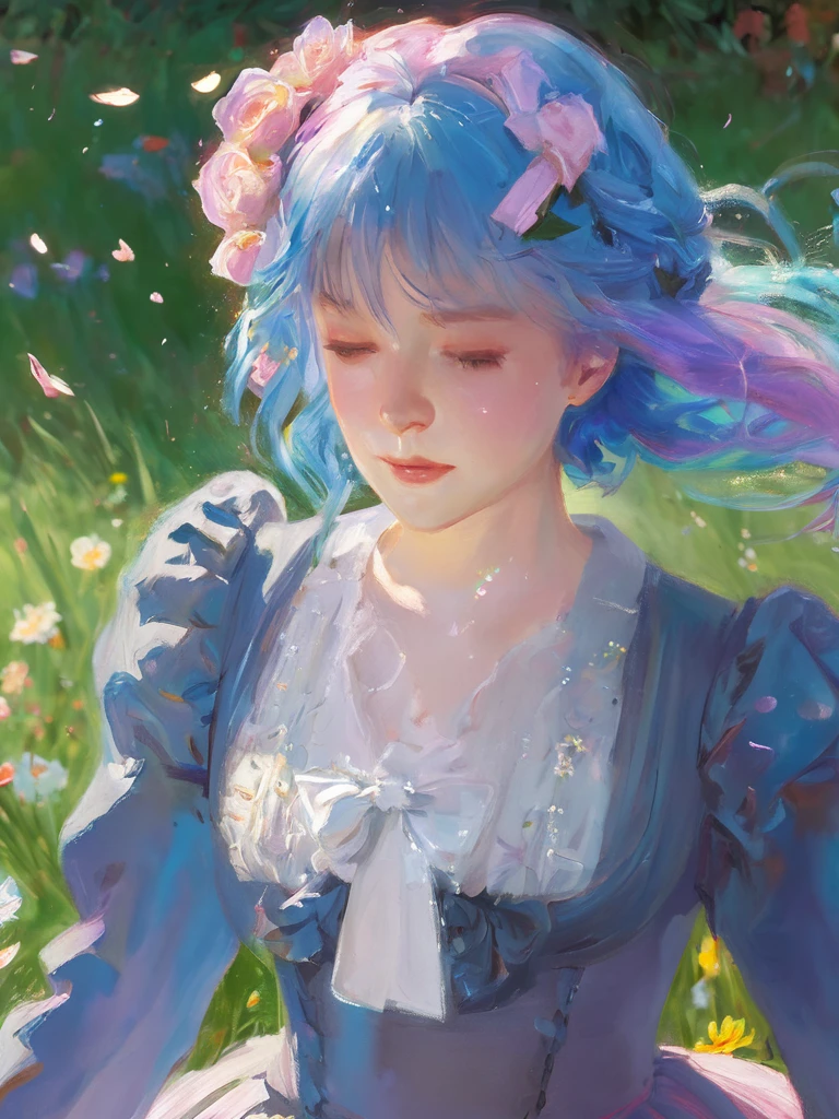 sargent,1girl,solo,light particles,swirling lights,,bloom,romanticized,detailed,8k,best quality,masterpiece,highres, Pastel Rainbow hair, full body,****ta dress, running, crying hard, upclose, grass, blue sky, flowers, petals,raining, depressed