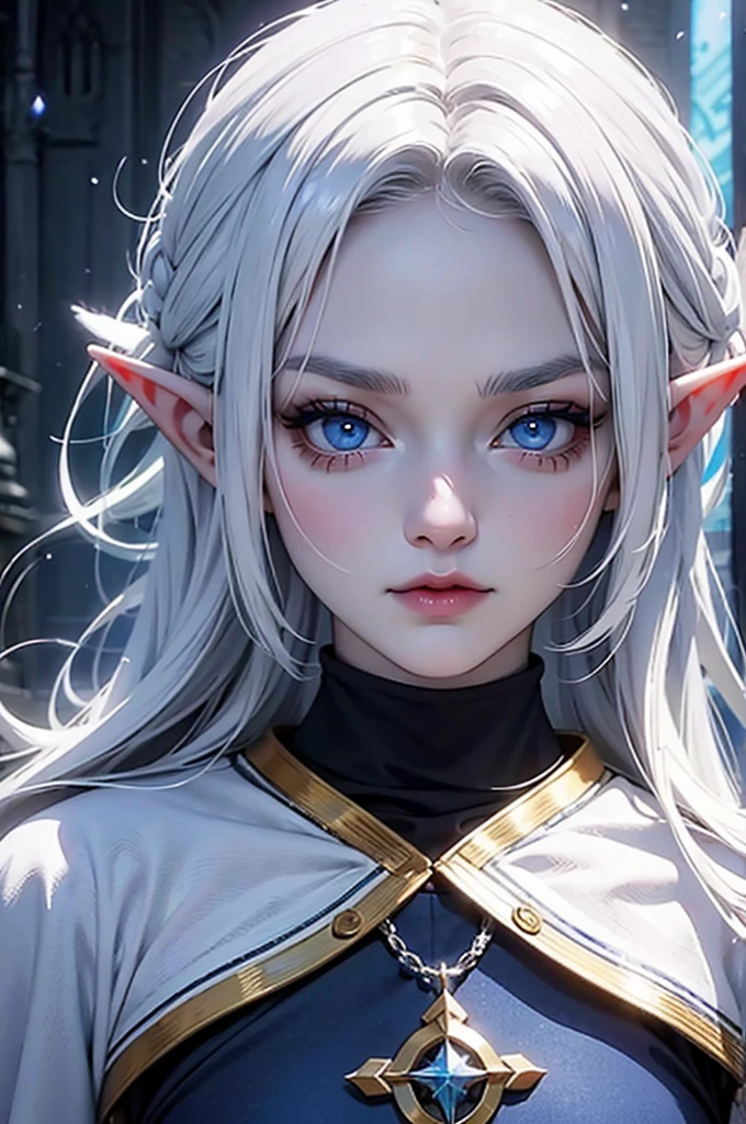 Elf girl, cold and evil facial expression, white hair, blue eyes, cleric outfit, blue skin 