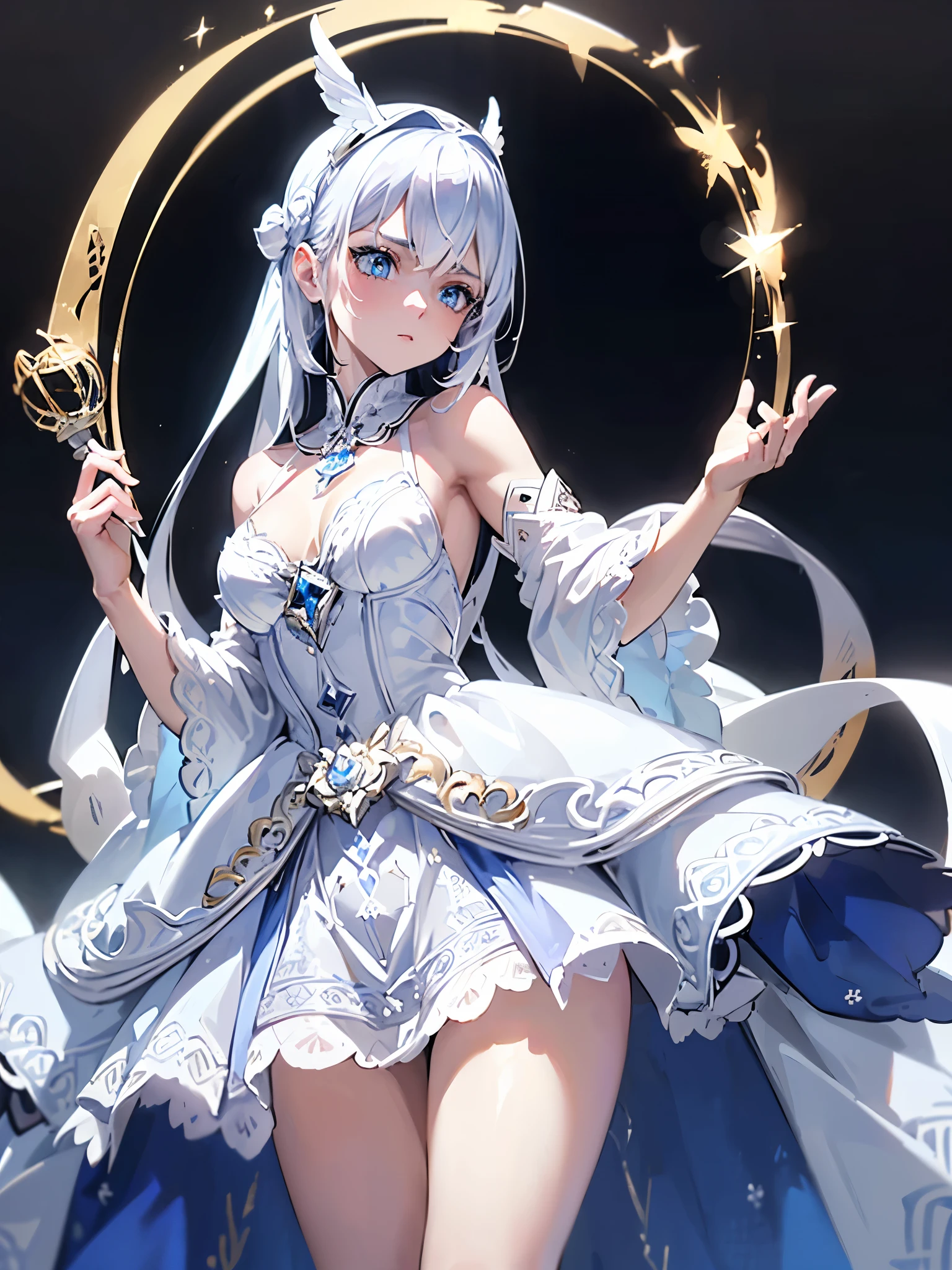(top-quality),(Masseter muscle area),Delicately painted face, girl with a beautiful face , Blue Eyes with Beautiful Details , Whiteta Fashion ,(( Beautiful White Costumes with Attention to Details)),( Beautiful Silky White Hair :1.2),Black ribbon hair ornament,Pale skin,Cinema Lighting,(The background is a silhouette of a birdcage), cowboy shot