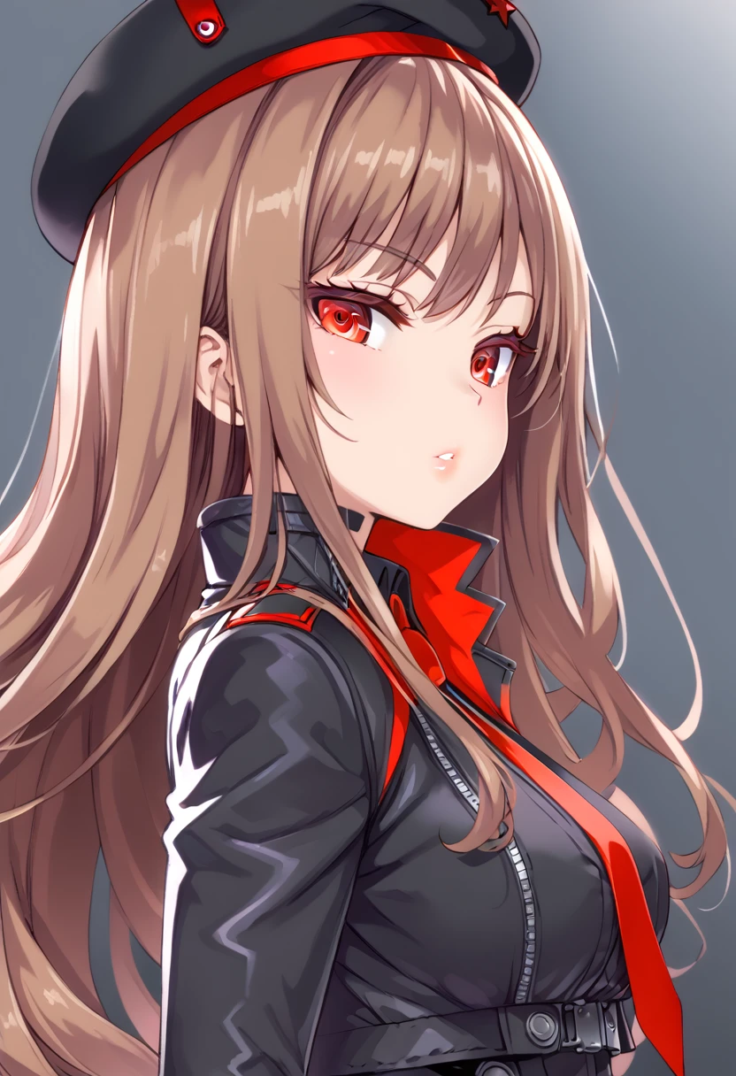 (超詳細なeye、詳細なface, super high definition、super high quality、eye),rapidef, red eyes, brown hair, long hair, bangs, beret, black jacket, cropped jacket, red necktie, gloves, black shirt,half-closed eye,Glossy lips,Rin々Shii,横face,side view、face