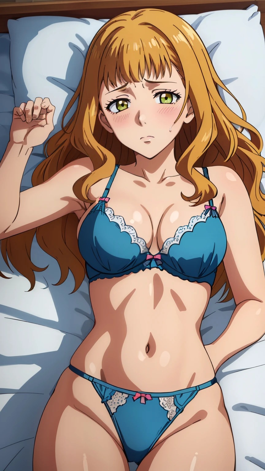 (masterpiece, best quality, high resolution, 8k:1.2), (anime coloring), confused, detailed face, beautiful face, (beautiful eyes, deep eyes), one girl, ((dynamic pose)), mimosa, green eyes, orange hair, long hair, alone, looking at viewer, wavy hair, bangs, (medium breasts:1.1),  nffsw, (embarrassed expression, blushing), (dynamic sexy pose), (lingerie, sexually seductive, ), (sleeping in bed, lying on back, from above:1.2), (cowboy shot), 